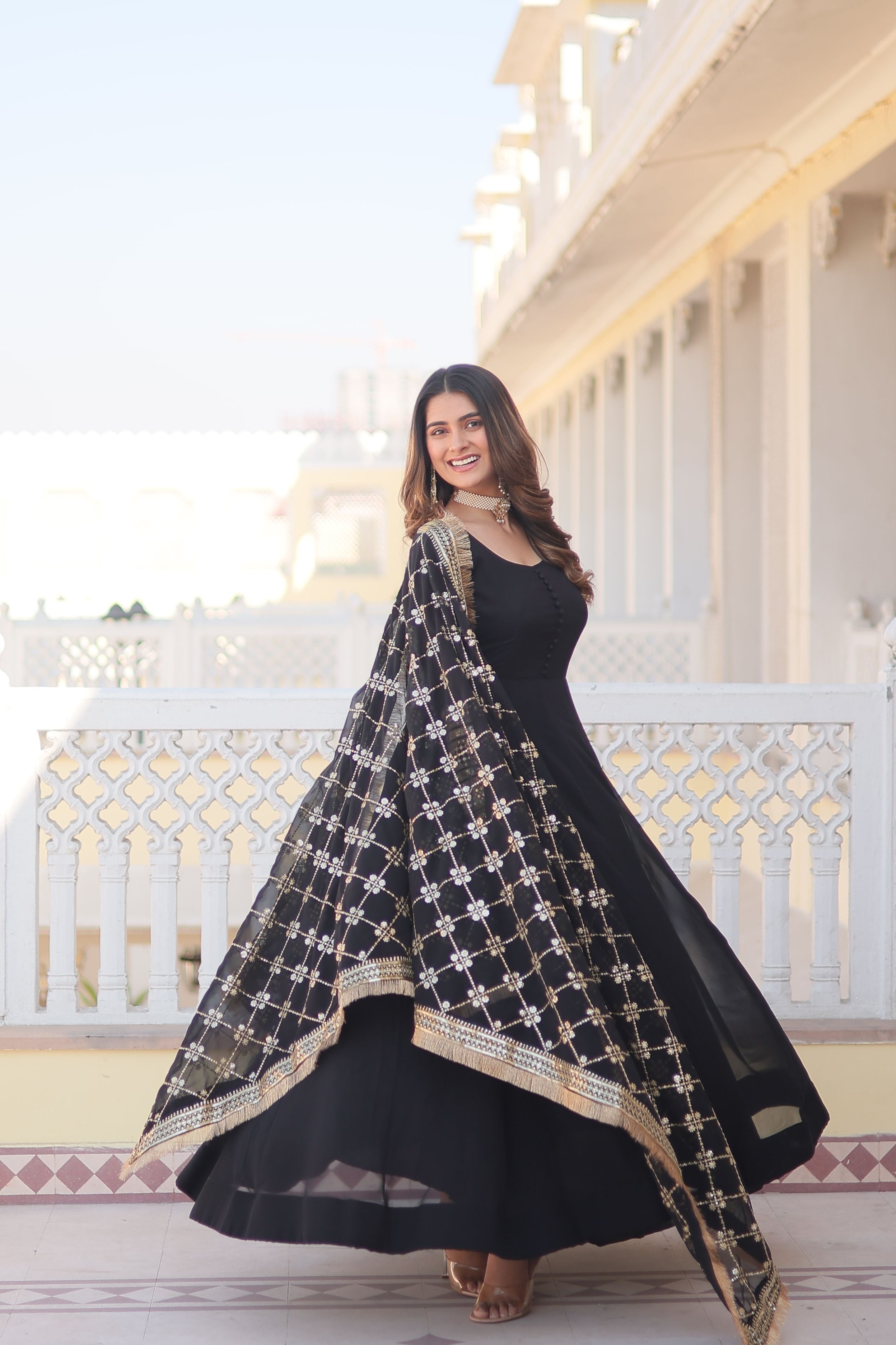 Aastha Off Black Faux Blooming with Gown Embroidered Multi-Sequins work