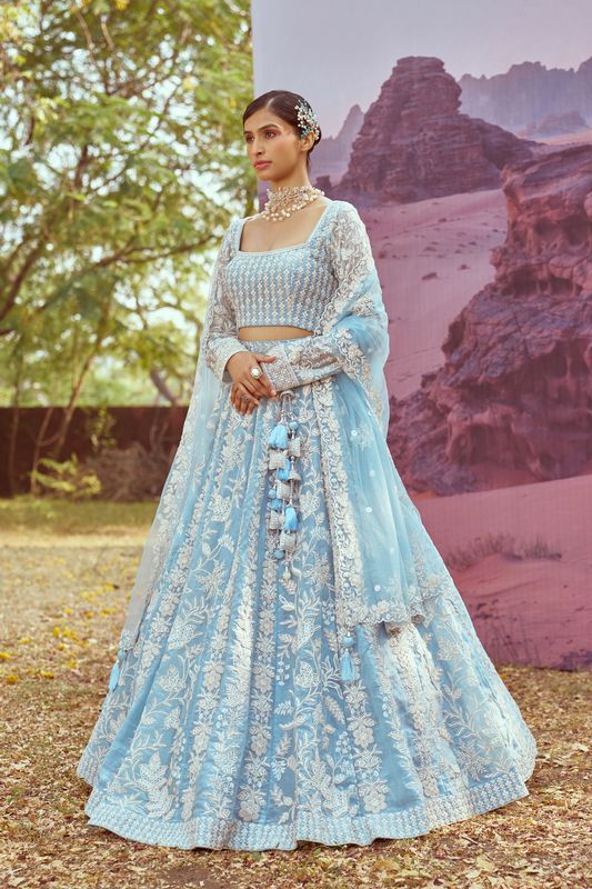 Aastha fashion Blue Organza lehanga blous Embroidery Work