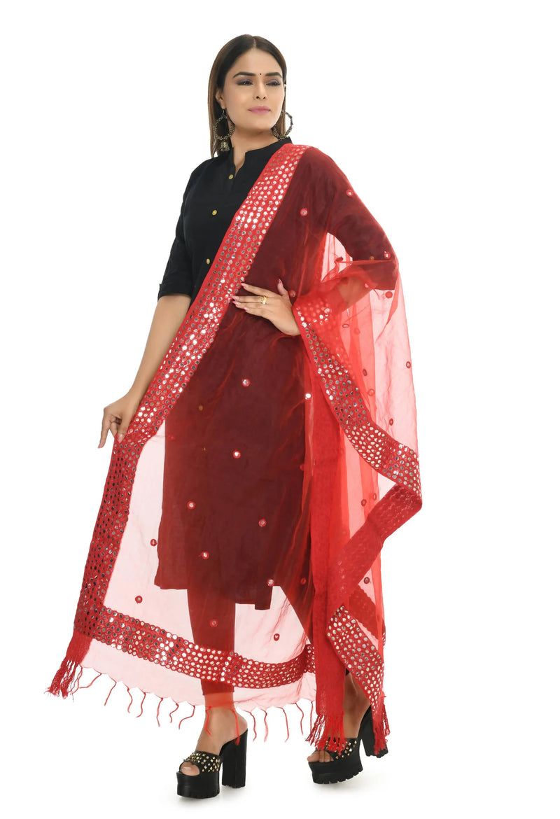 Mominos Fashion Moeza 6 Line Mirror Border Red Dupatta