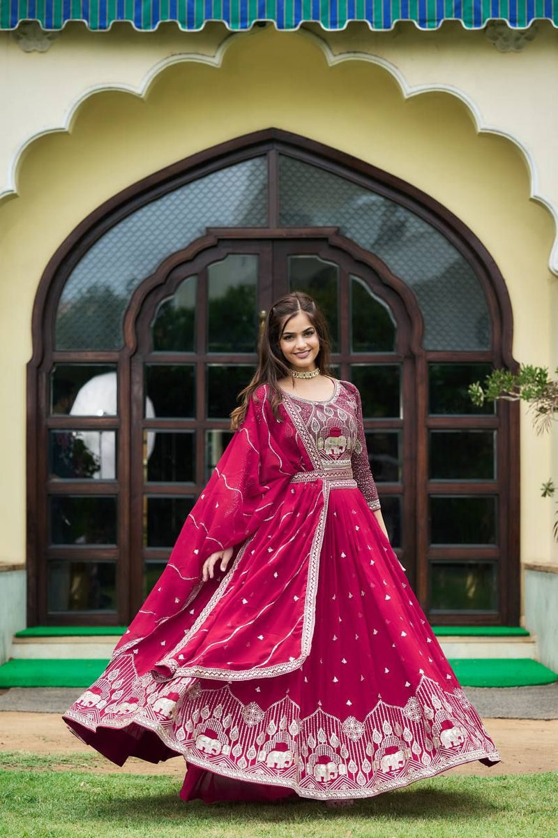 Aastha fashion Magenta Heavy Fox Georgette lehanga blouse fabric Embroidery Sequence Work with Belt