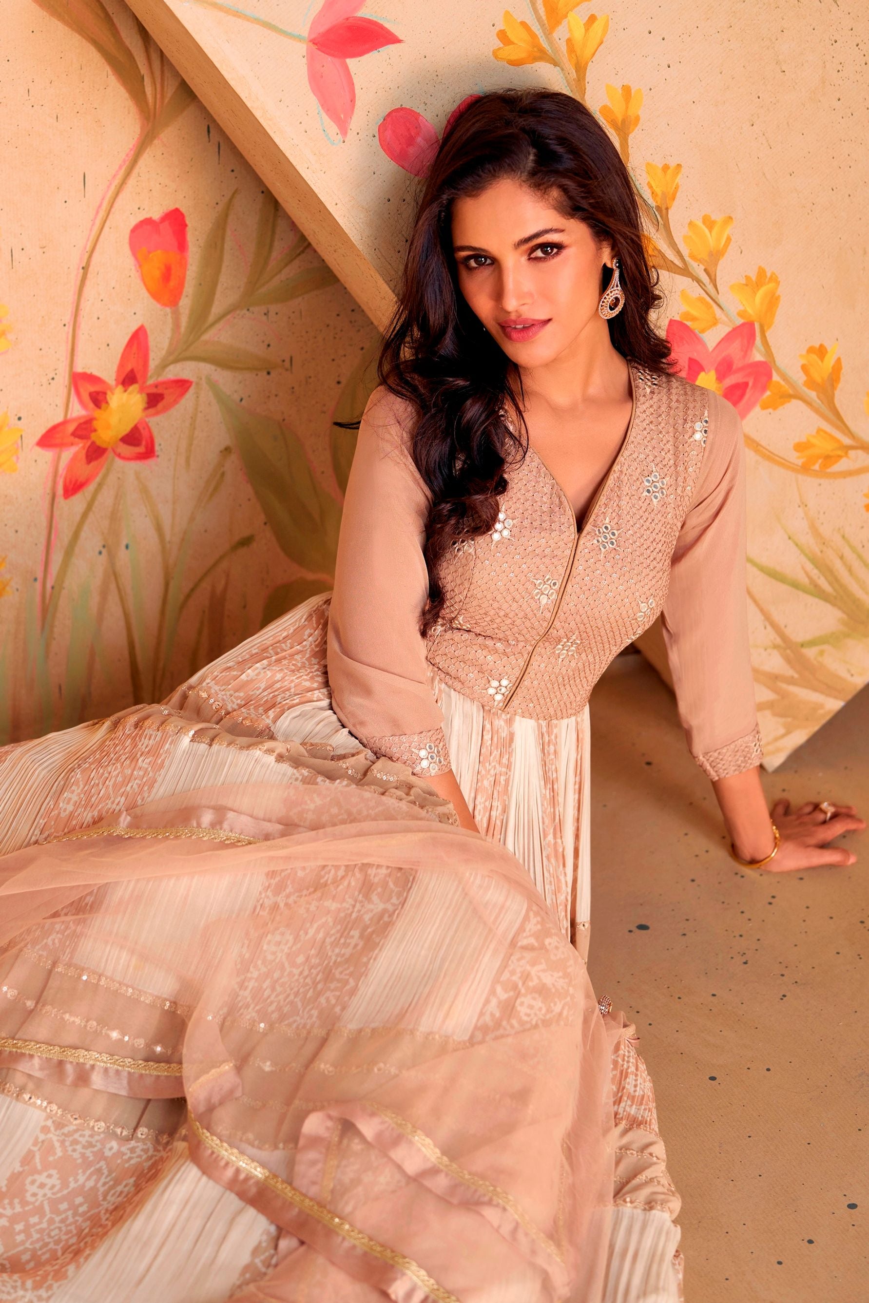 Aastha Beige with Net top fabric Georgette Crepe Net Bottom fabric