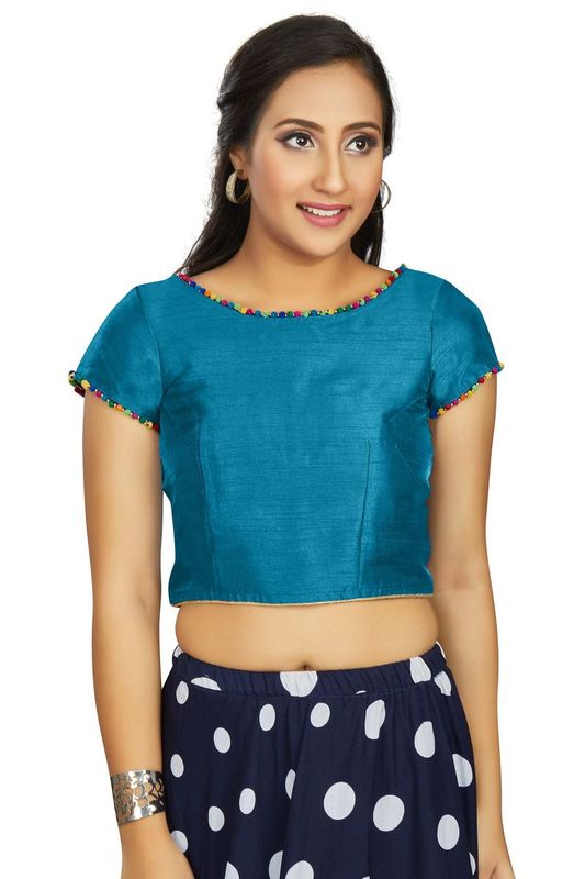 Aastha fashion Firozi Art Slik Boat Neck Blouse Work Plain