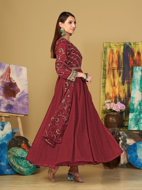 Aastha Maroon with Net top fabric Santoon Net Bottom fabric