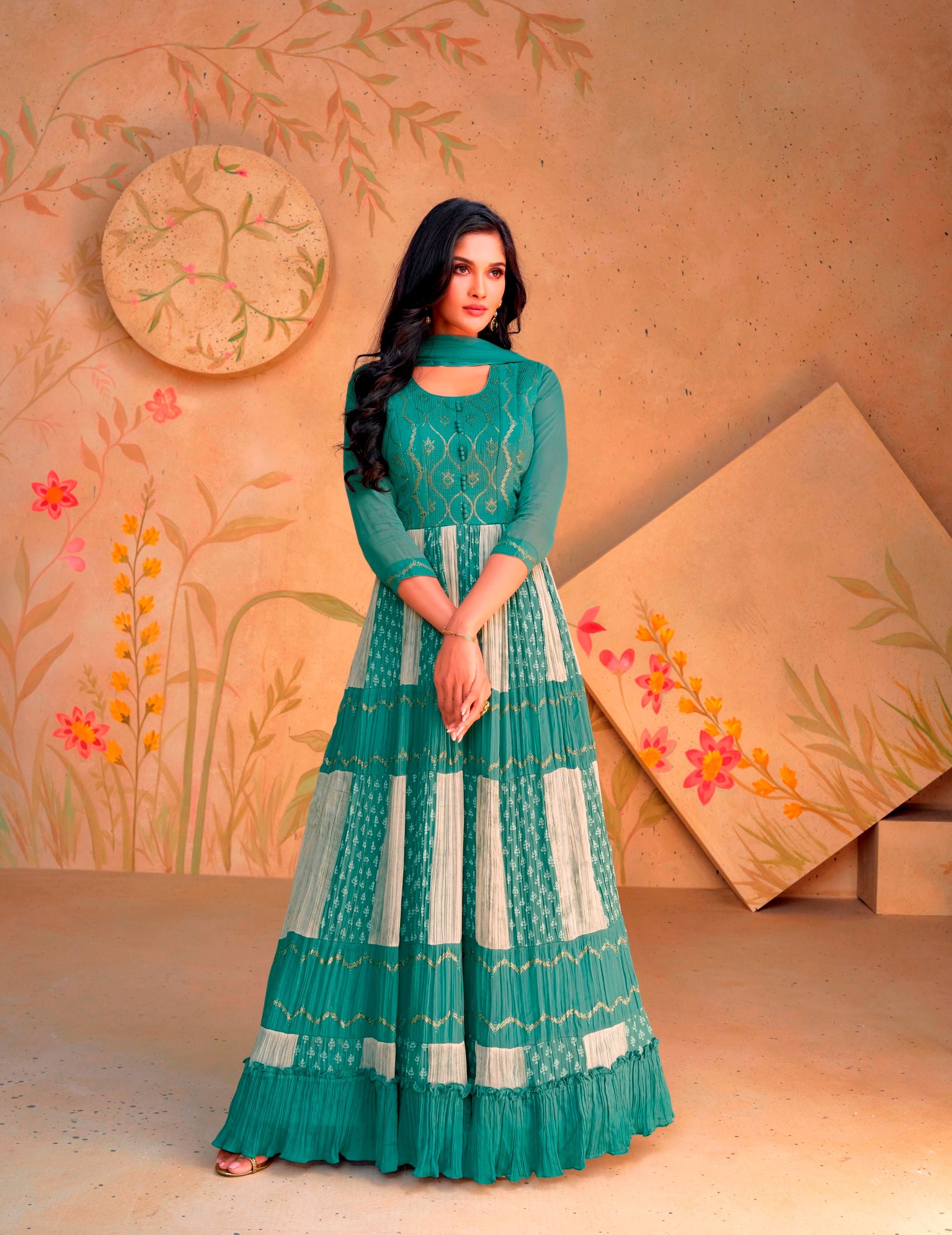 Aastha Green with Net top fabric Georgette Crepe Net Bottom fabric