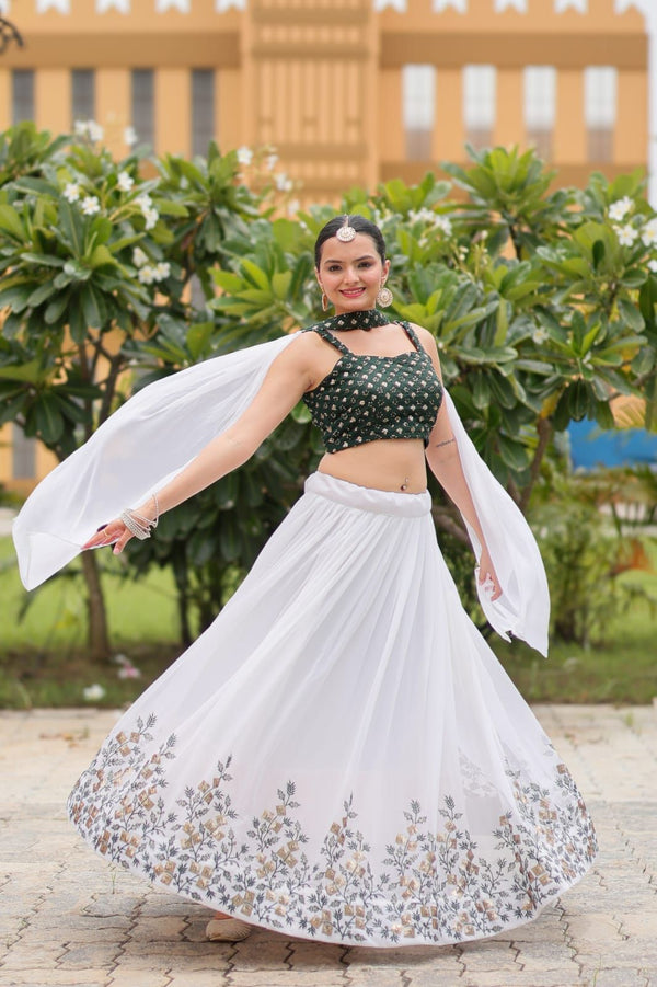 Aastha fashion white pure georgette lehanga green blouse fabric embroidery work