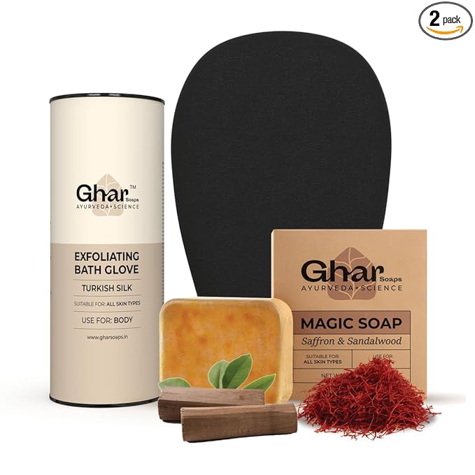 Ghar Soaps Exfoliating Body Gloves & Sandalwood Saffron Soap | Paraben Free | Chandan & Kesar Soap | Handmade Soap For Men & Women | Glowing Natural Refreshing Skin | Tan Removal