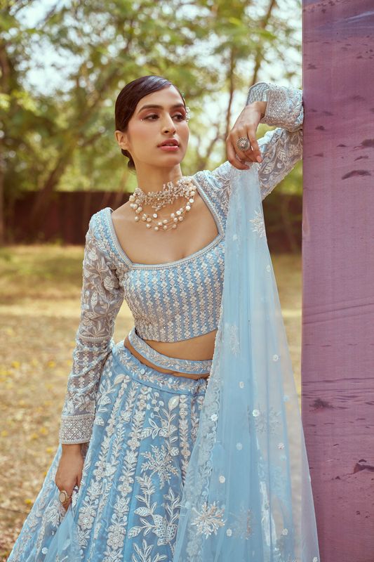 Aastha fashion Blue Organza lehanga blous Embroidery Work