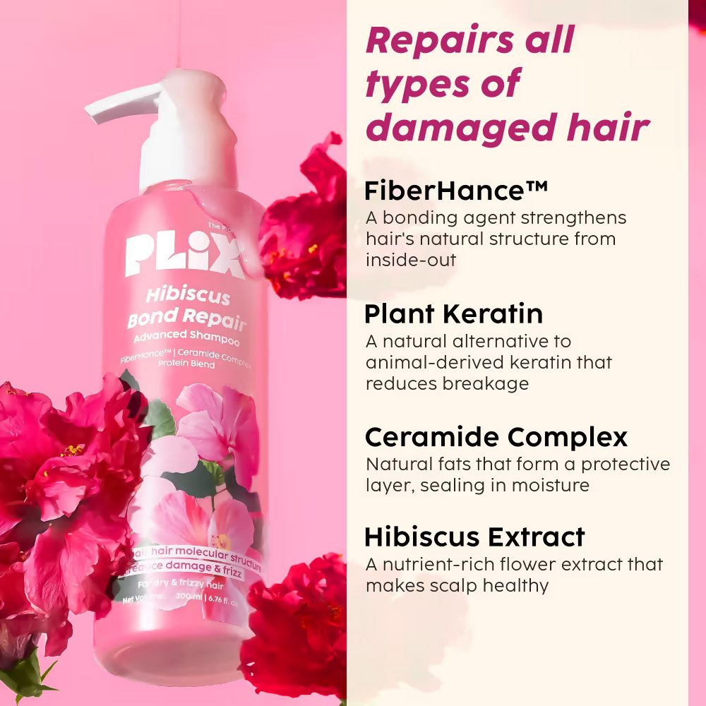 PLIX The Plant Fix Hibiscus Frizz Control Hair Serum + Bond Repair Advanced Shampoo