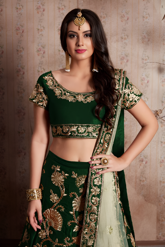 Aastha fashion green semi velvet slik lehanga blouse fabric embroidery work