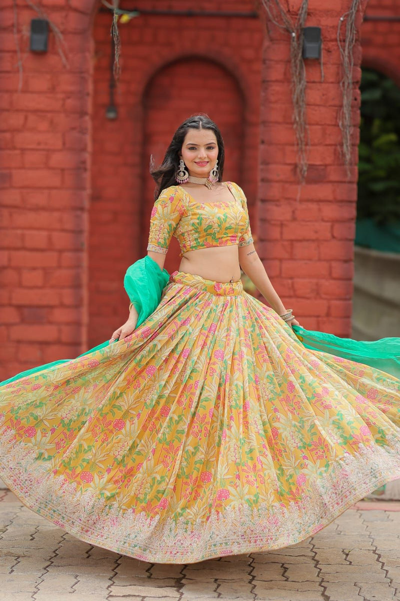 Aastha fashion multi color viscose tebbi organza lehanga blouse fabric embroidery work