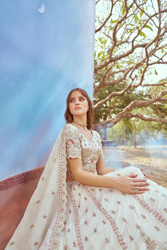 Aastha fashion Cream Tissue lehanga blouse Embroidery Work