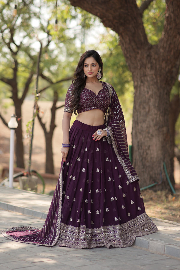 Aastha fashion wine Faux Blooming lehanga  blouse fabric embroidery work