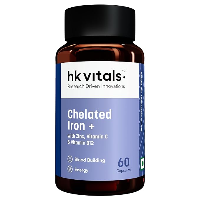 Bottle of hk vitals Chelated Iron supplement on a white background