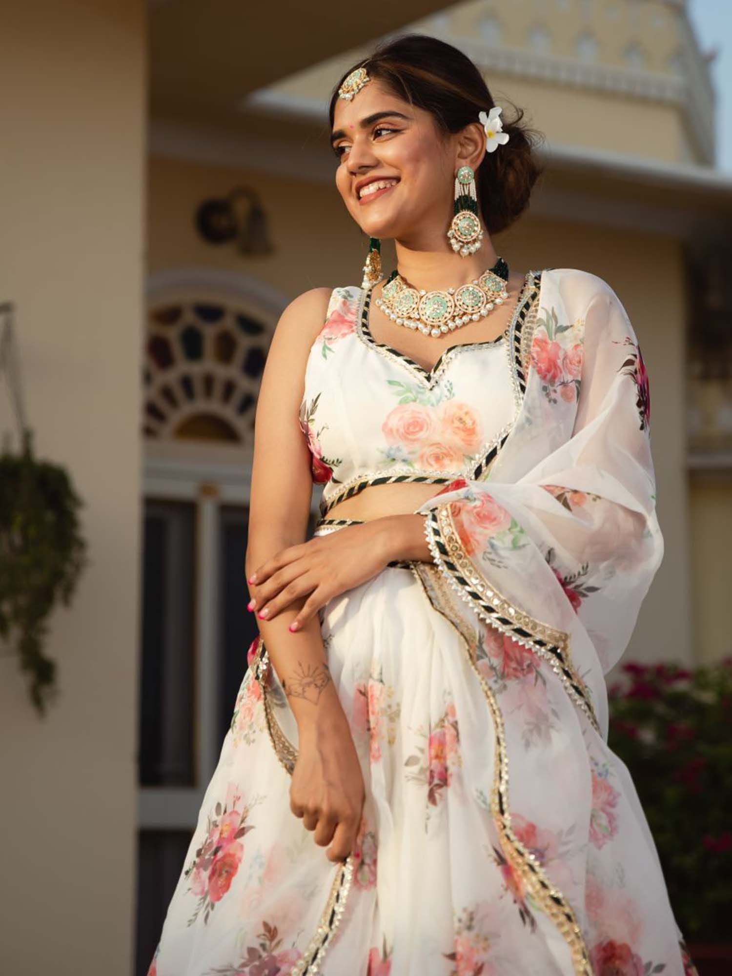 Aastha fashion White Organza lehanga blouse fabric Floral Digital Print with Embroidery Work