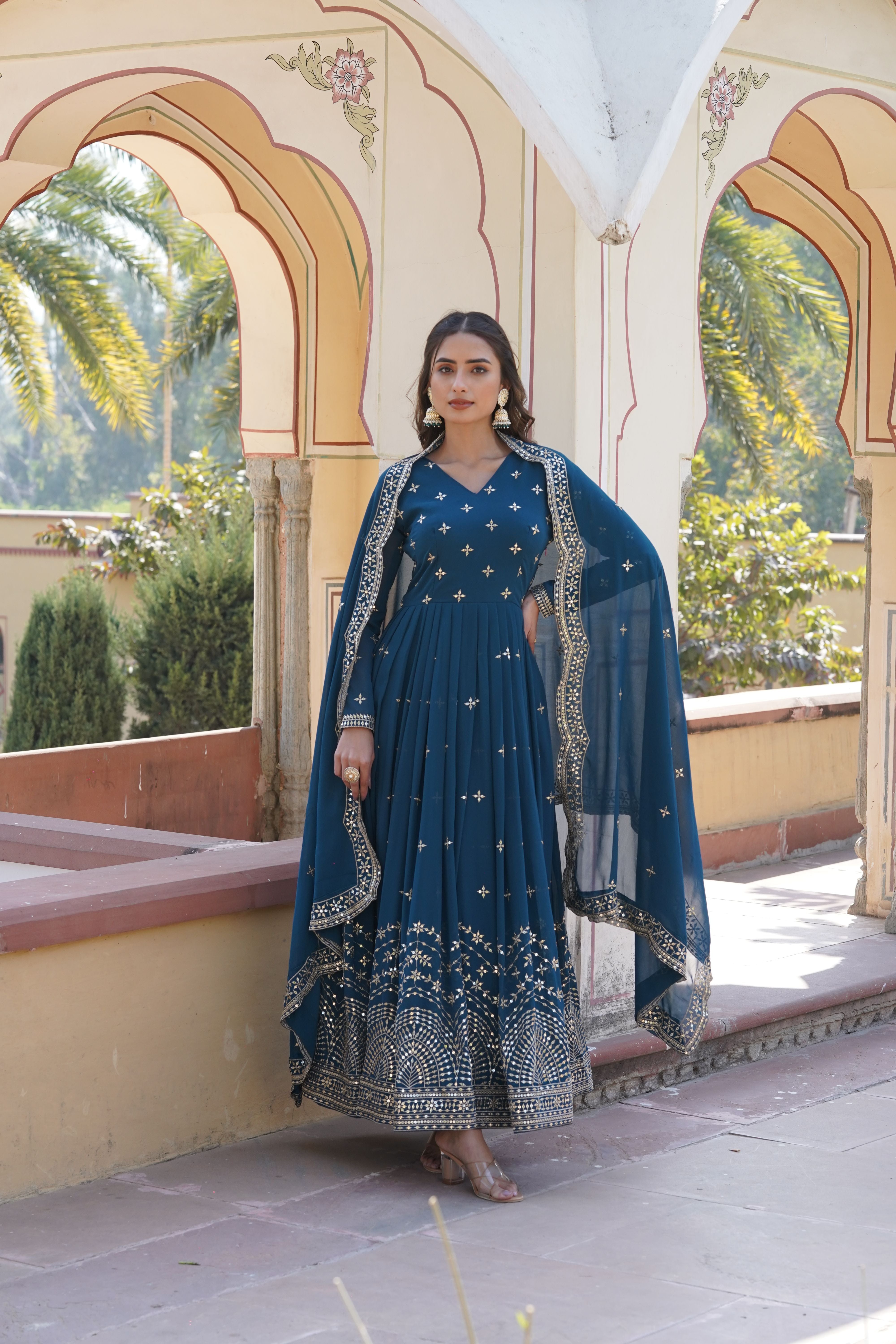 Aastha Teal Faux Georgette with Gown fabric Printed