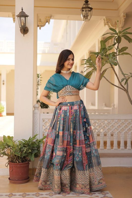 Aastha fashion teal Lehenga Chinnon koti febric embroidery