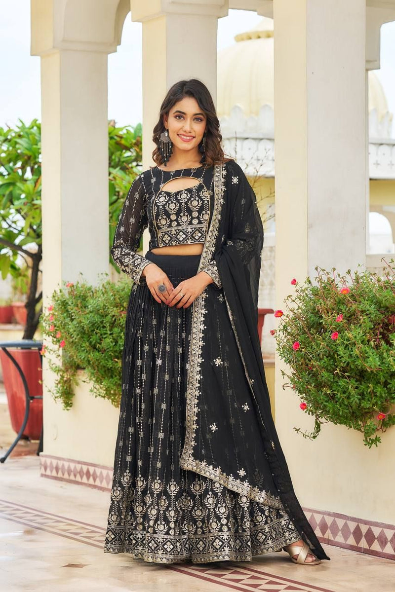 Aastha fashion Black Heavy Fox Georgette lehanga blouse fabric Embroidery Sequence Work