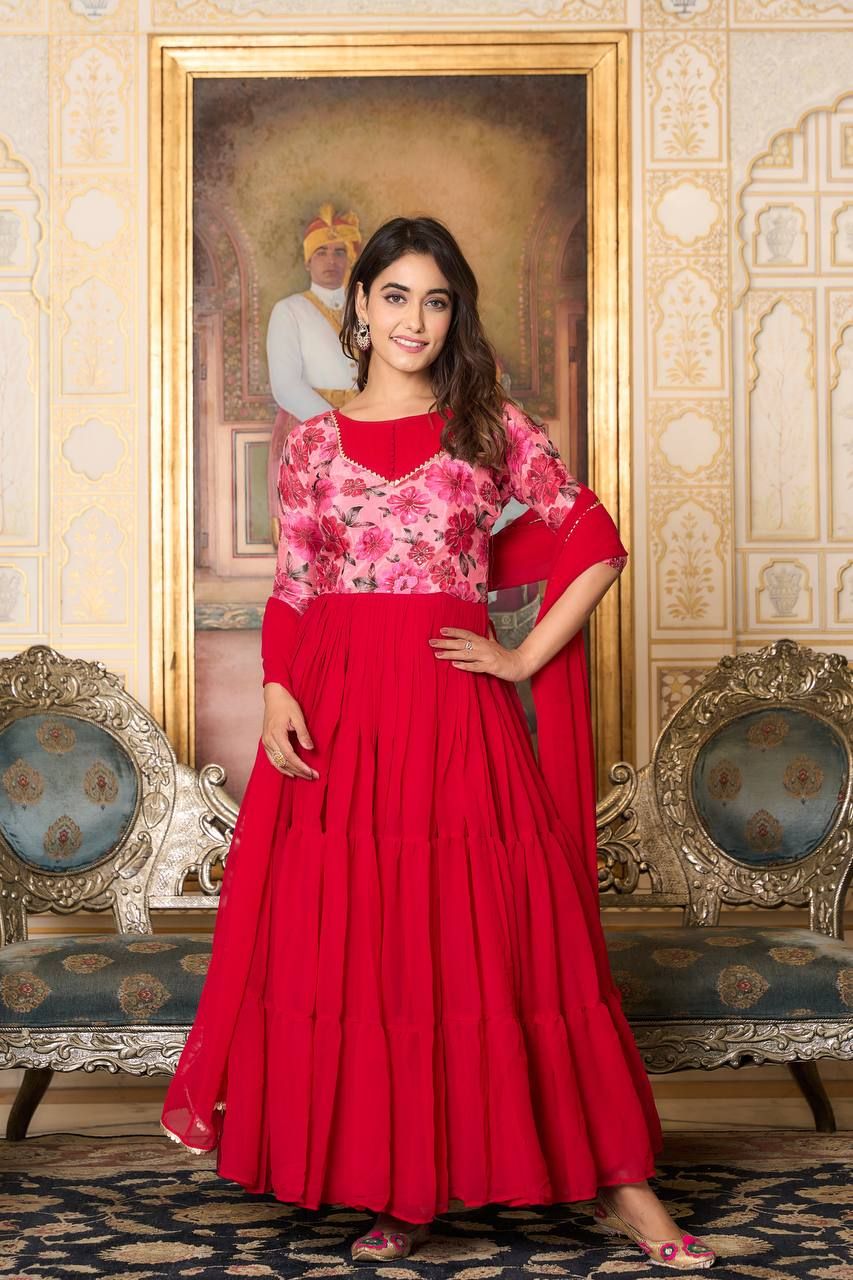 Aastha Red Fox Georgette with Micro Cotton Heavy position print Work