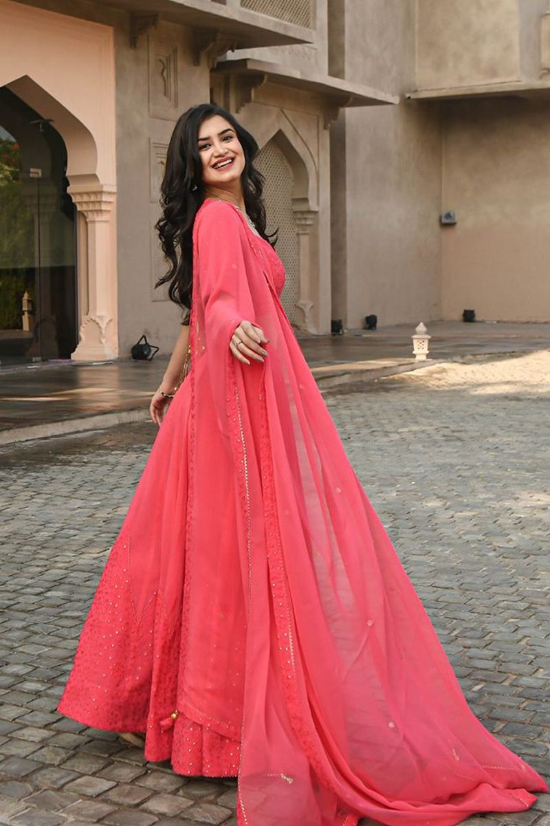 Aastha fashion Coral Georgette lehanga blouse Embroidered work - Prithvi Mart