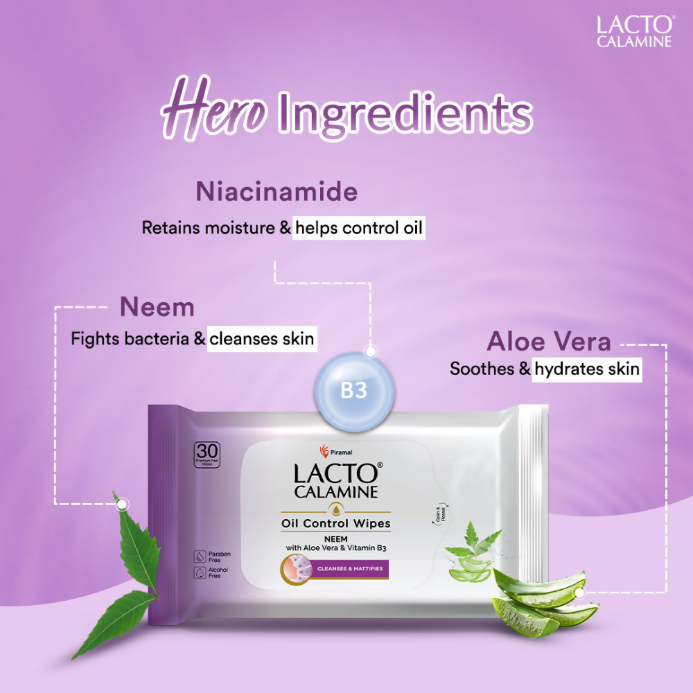 Lacto Calamine Oil Control Face Wipes, Makeup Remover Wipes With Neem & Aloe 30 Usable Wipes
