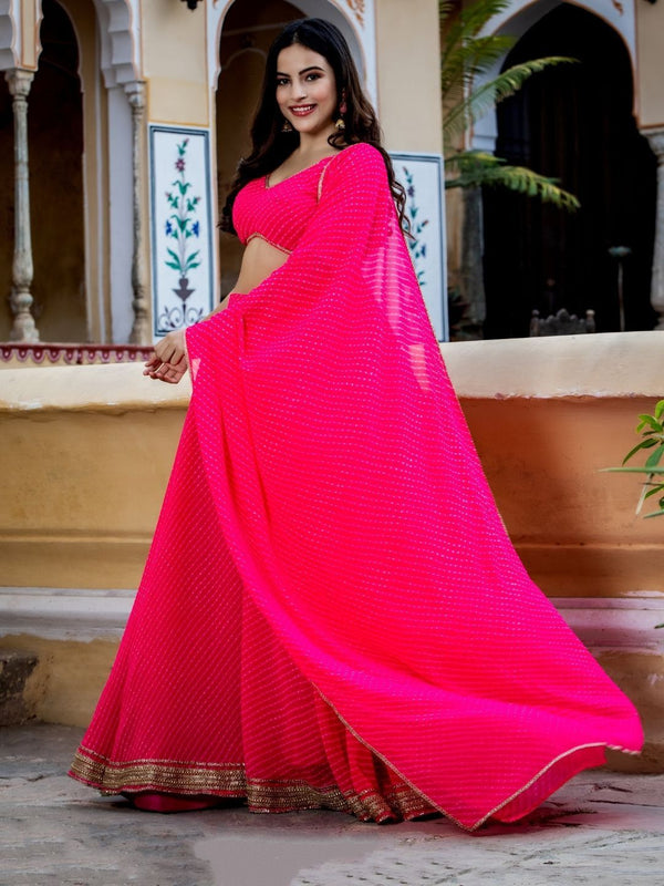 Aastha fashion pink Georgette lehanga blouse fabric Zari and Cording Lace work with Leheriya Print