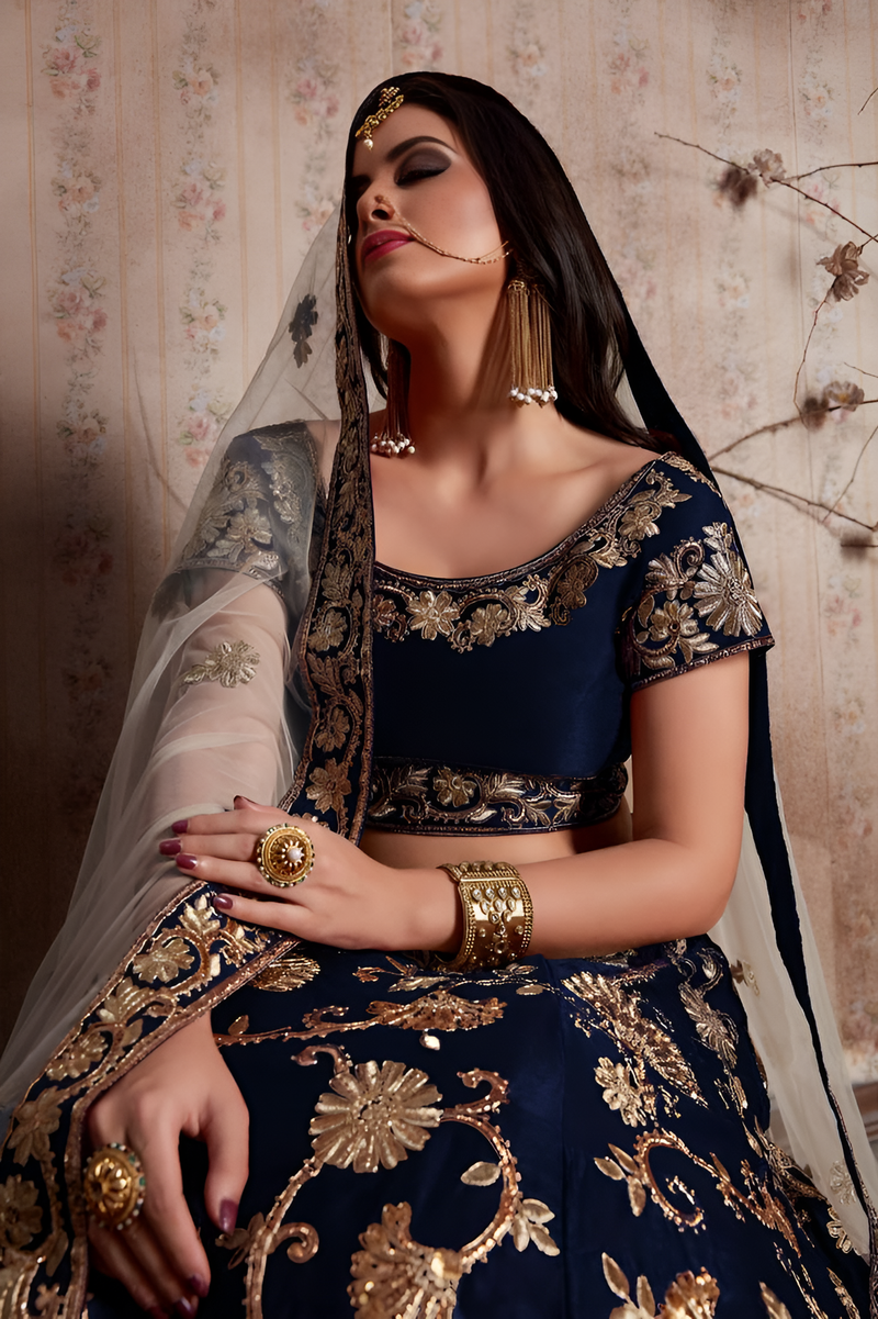Aastha fashion blue semi velvet slik lehanga blouse fabric embroidery work