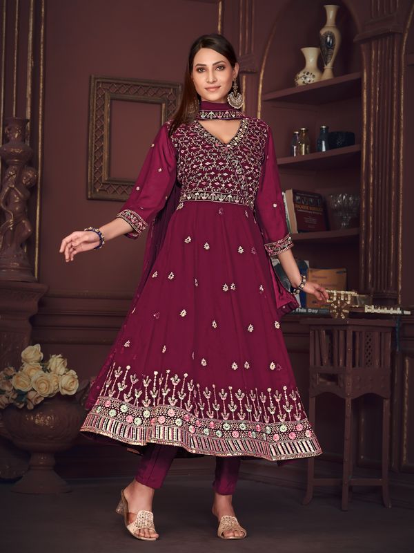 Aastha Maroon Blue with Net top fabric Georgette Crepe Net Bottom fabric