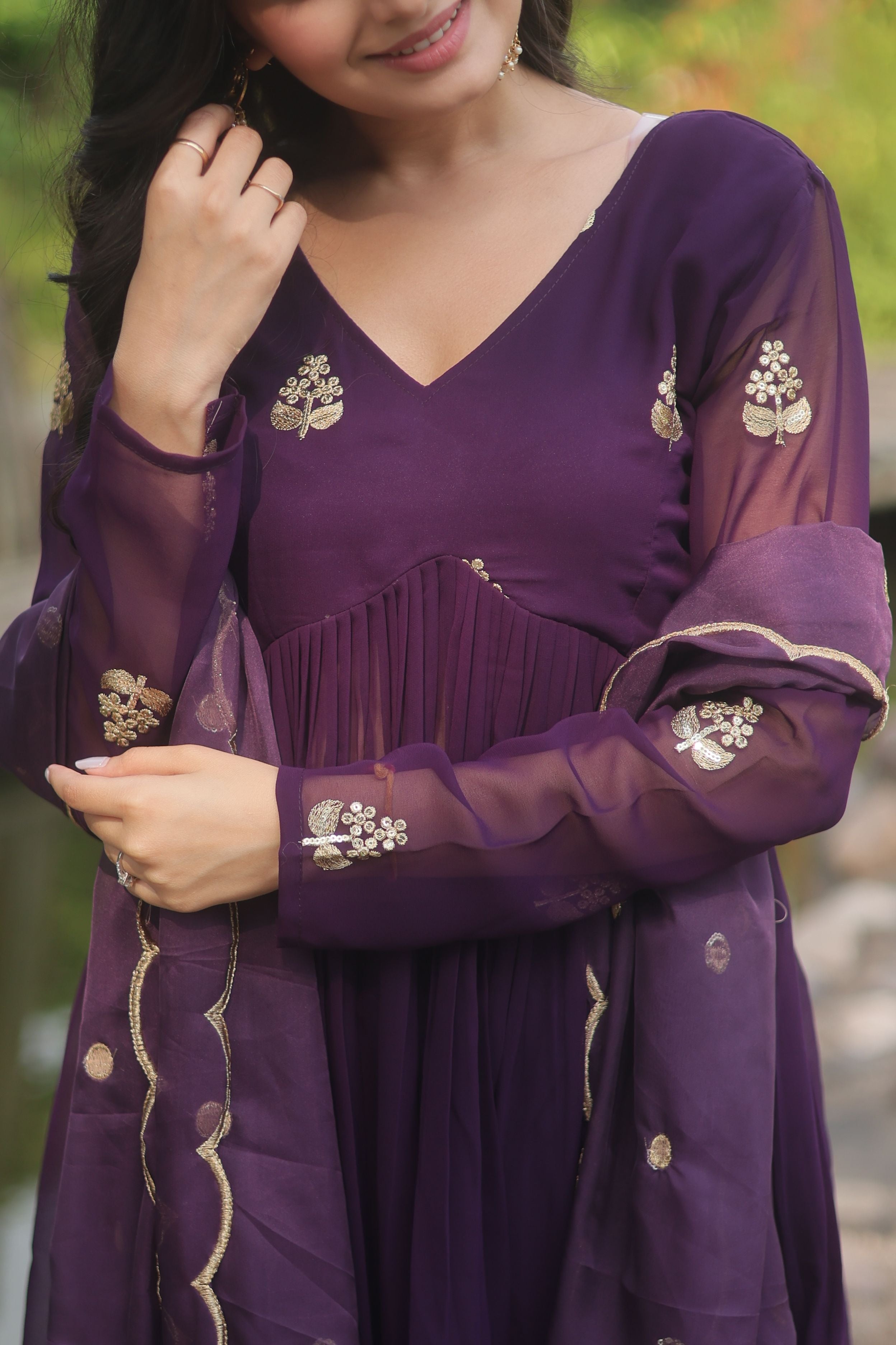 Aastha Purple Faux Blooming Russian Silk with Gown Embroidered Work