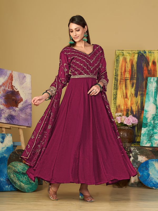 Aastha Dark pink with Net top fabric Santoon Net Bottom fabric