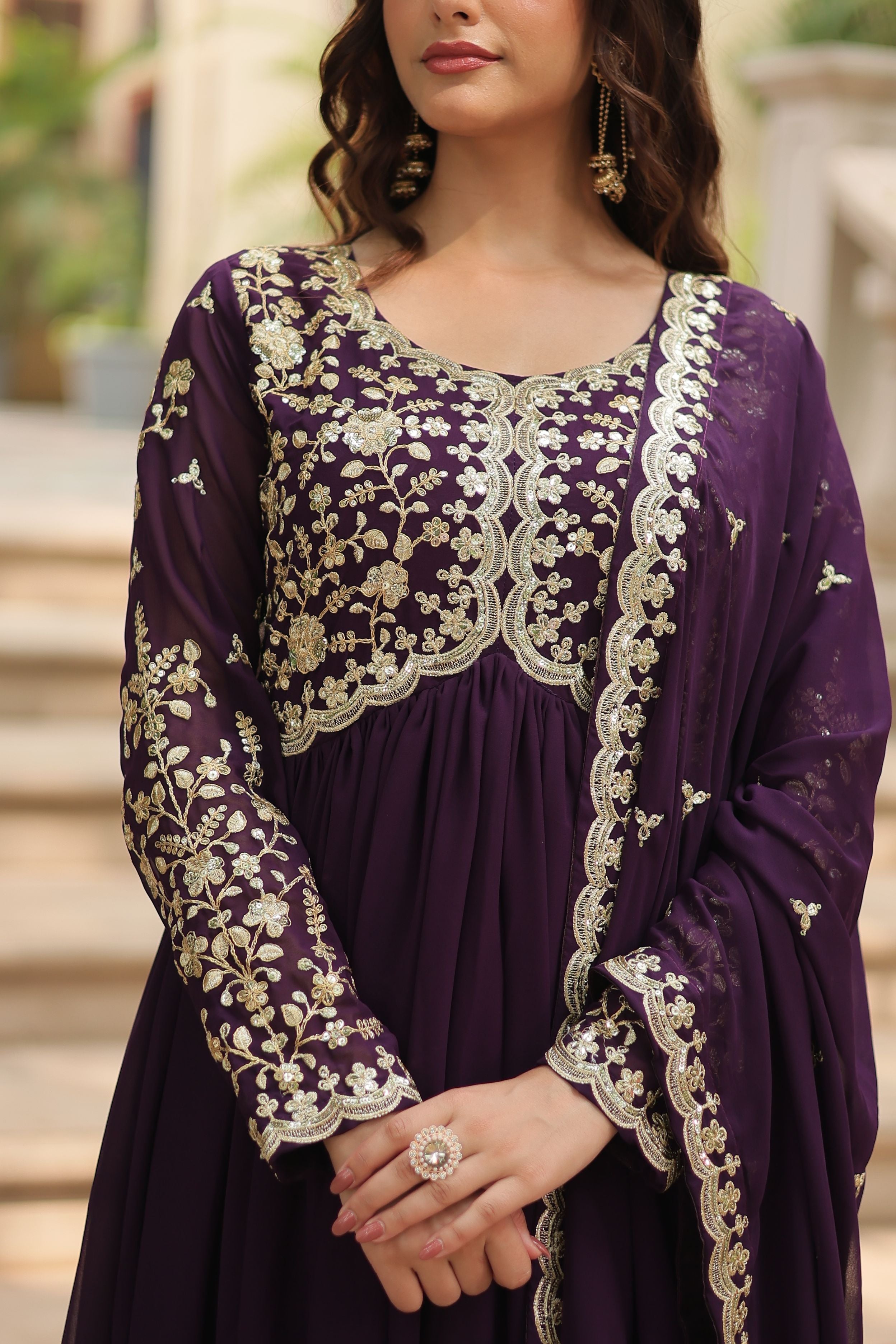 Aastha Wine Faux Blooming with Gown Sequins-Multi & Zari Embroidered Work