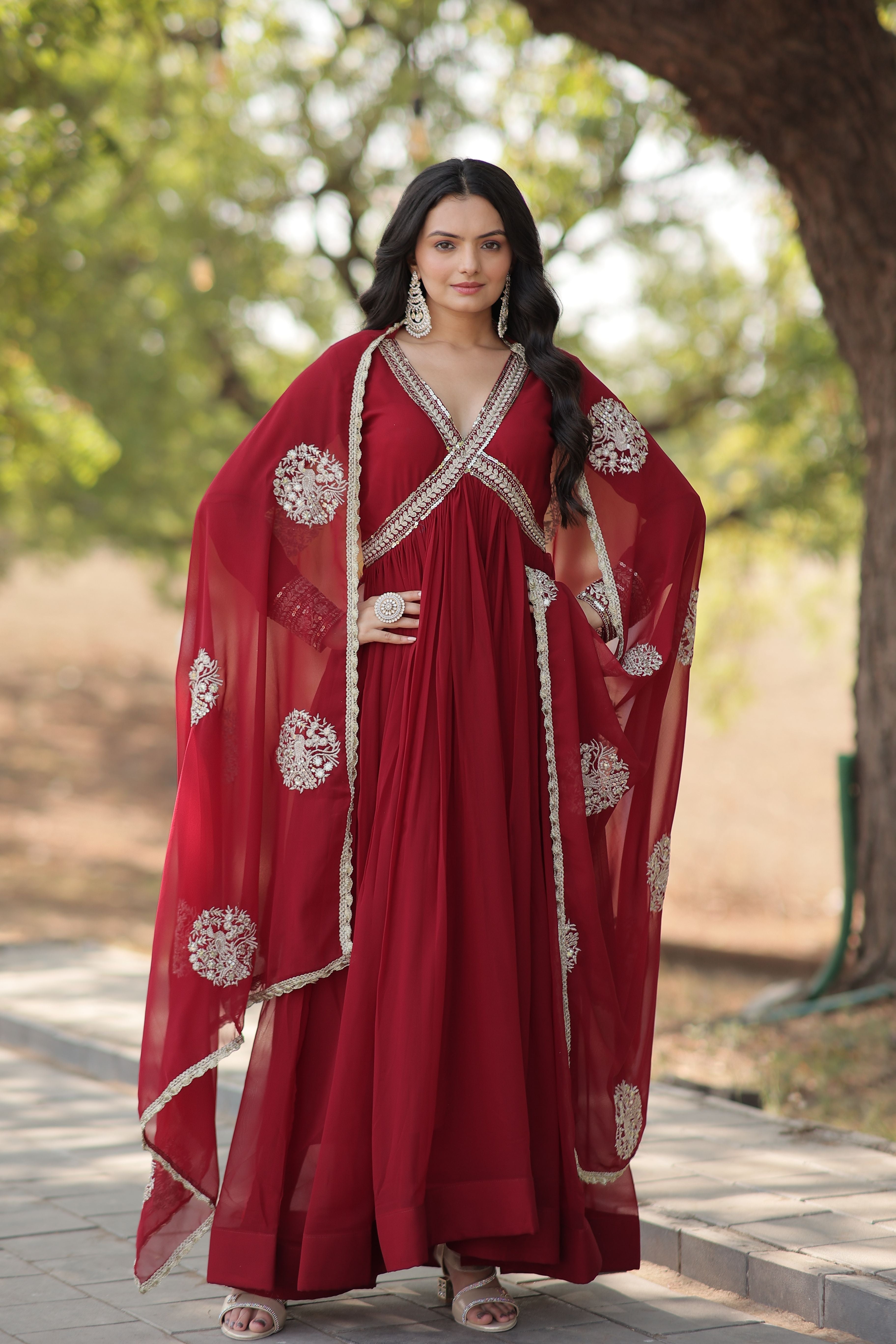 Aastha Maroon with Gown Blooming Faux Georgette Embroidery Zari Sequins-work