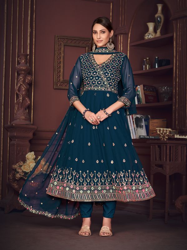Aastha Turquoise Blue with Net top fabric Santoon Net Bottom fabric