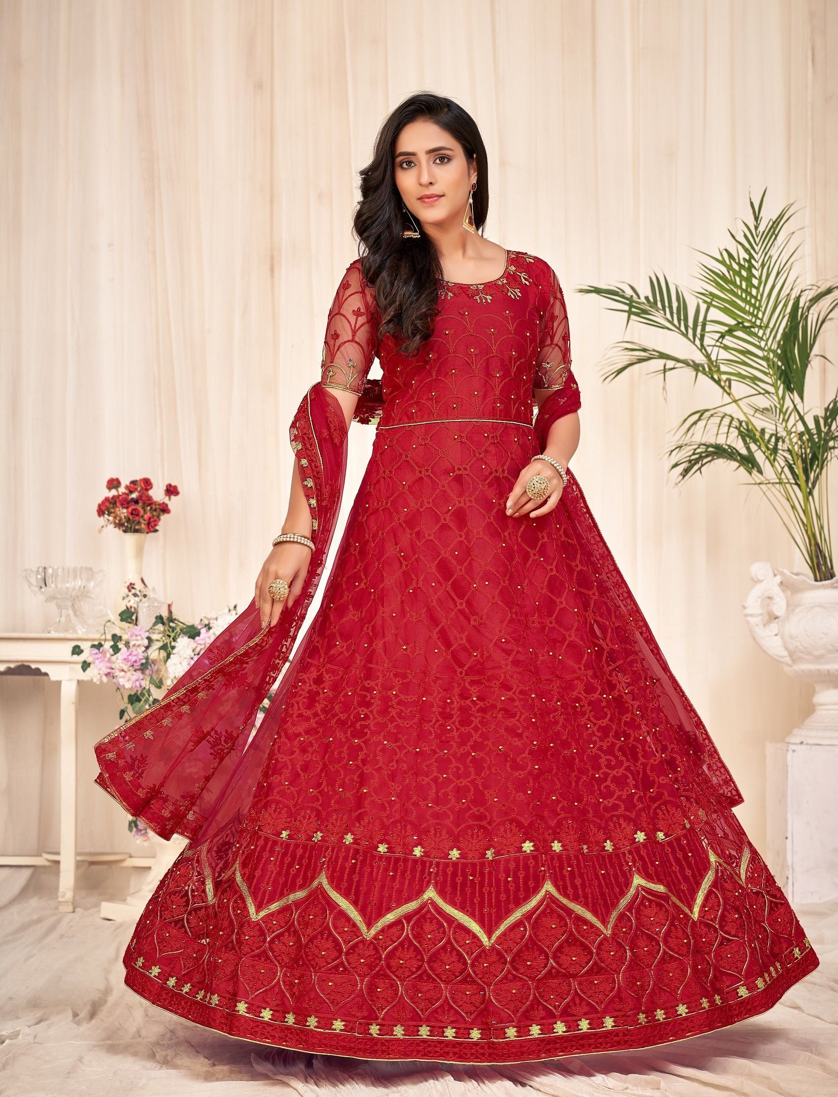Aastha Red Dupatta with Net top fabric Crepe Bottom fabric