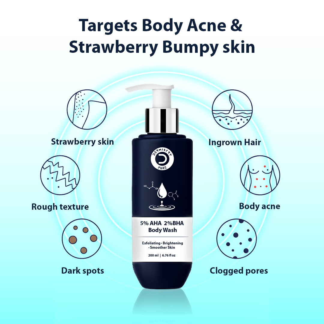 Dermistry 5% AHA 2% BHA Exfoliating D Tan Detan Acne Removal Body Wash For Oily All and Strawberry Skin