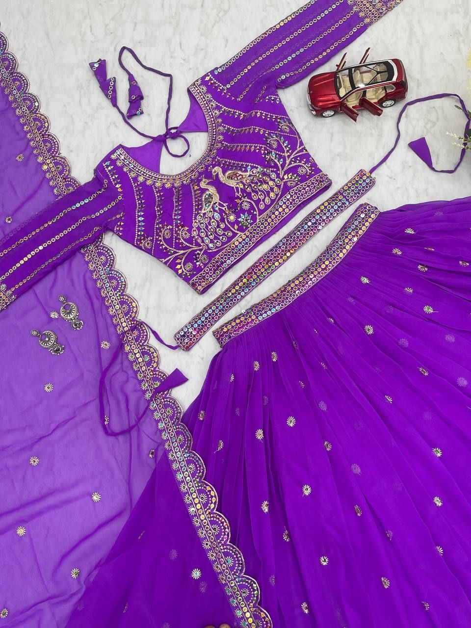 Aastha fashion Purple Fox Georgette lehanga blouse fabric Embroidery 7mm multi Sequence Work with belt
