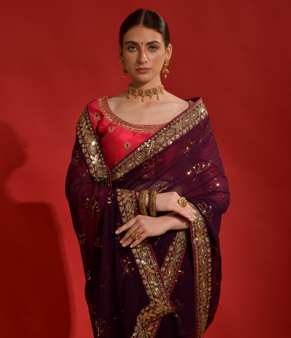 Aastha Wine Soft Georgette Sequins work in Banglori