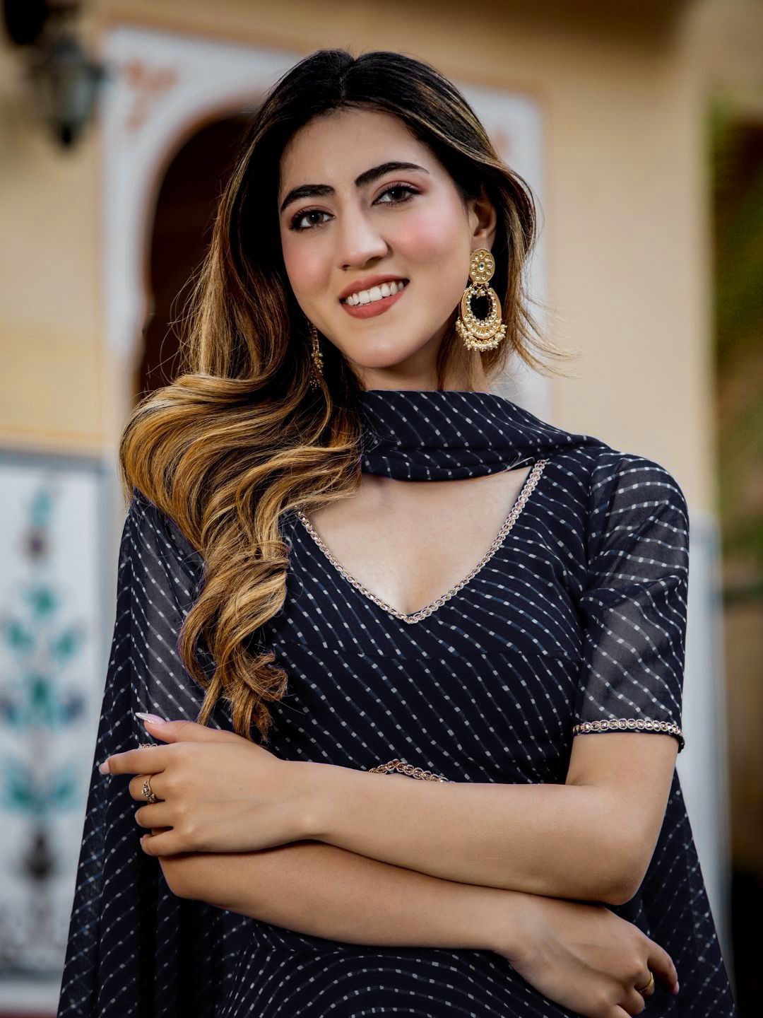 Aastha fashion Black Georgette lehanga blouse fabric Zari and Cording Lace work with Leheriya Print