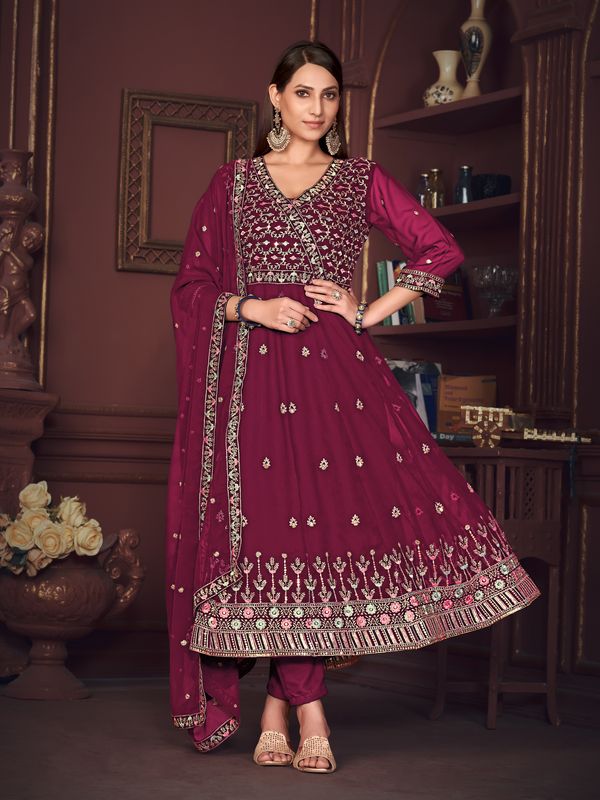 Aastha Dark pink with Net top fabric Santoon Net Bottom fabric