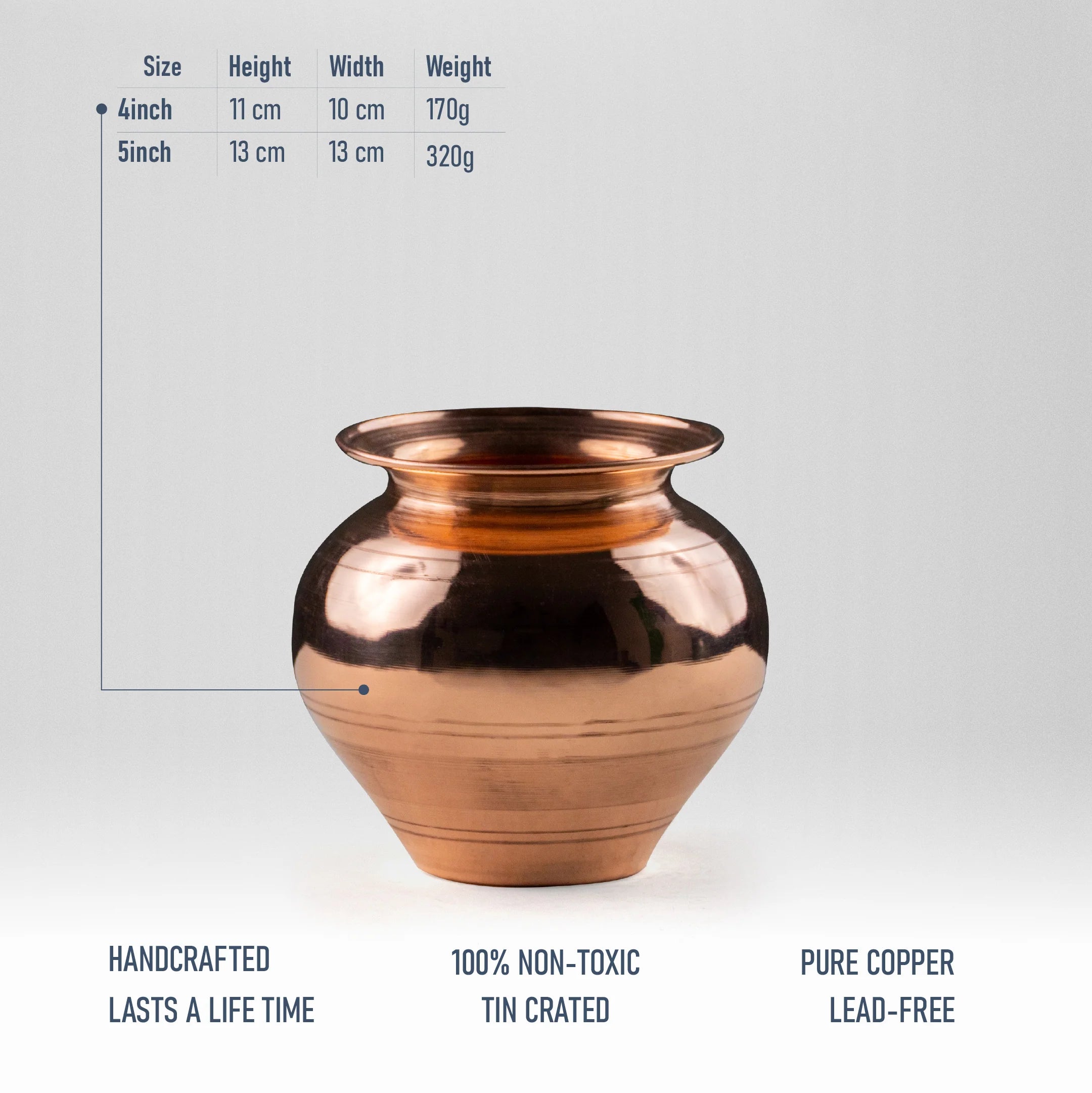 Health Smith Pure Copper Mangal Kalash - Strong & Heavy - Harmless & Lead-Free - Leak Proof