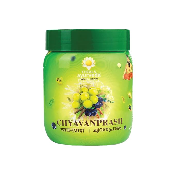 Green jar of Kerala Ayurveda Chyavanprash on a white background