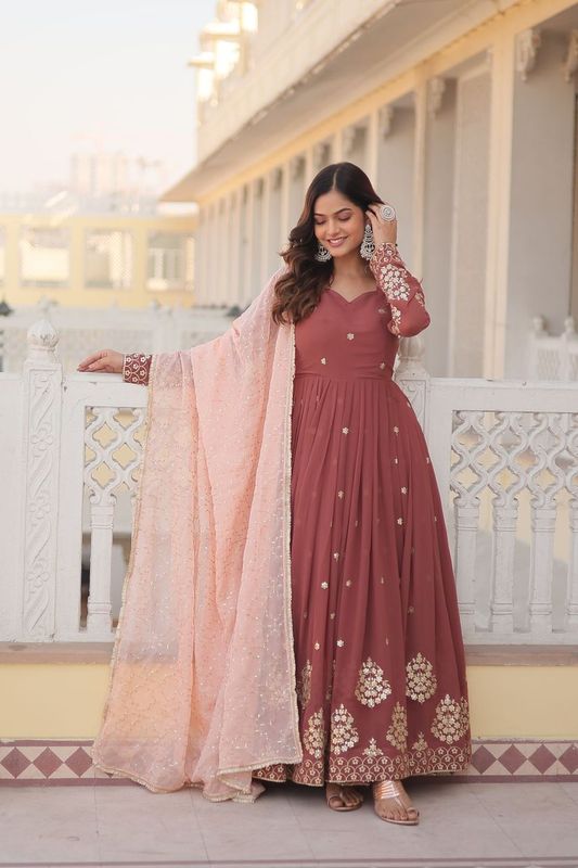 Aastha Dusty Rose Faux Georgette Russian Silk with Gown Embroidered