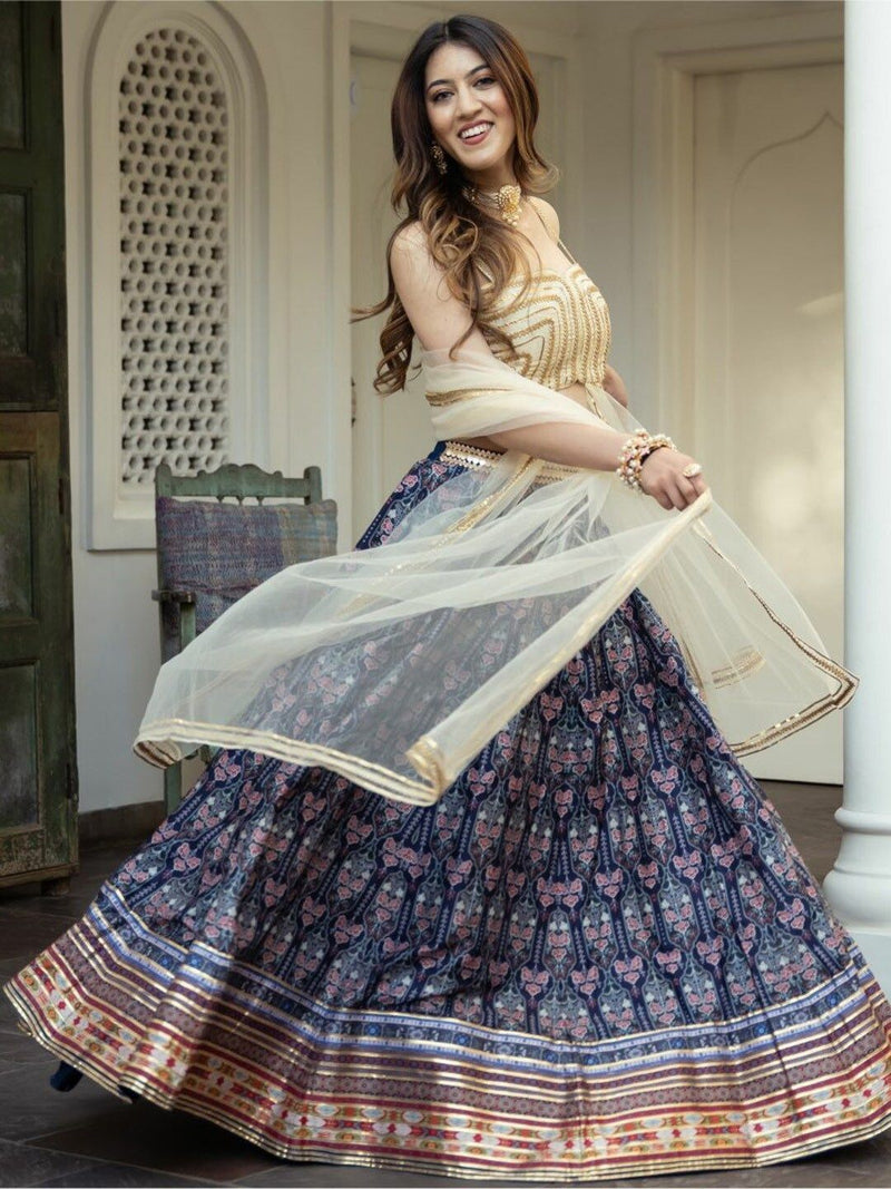 Aastha fashion Blue Organza lehanga blouse fabric Floral Digital Print with Embroidery Work