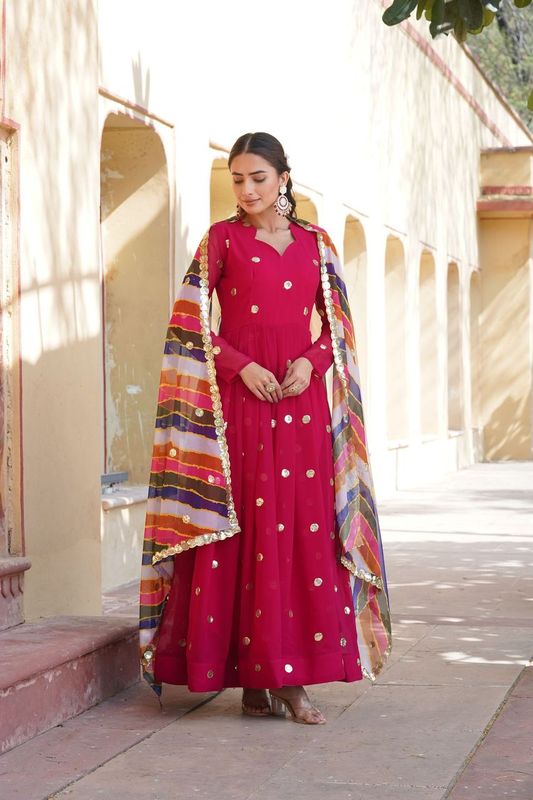 Aastha Rani pink Faux Georgette with Gown fabric Printed
