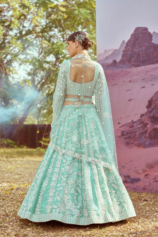 Aastha fashion Seagreen Organza lehanga blous Embroidery Work