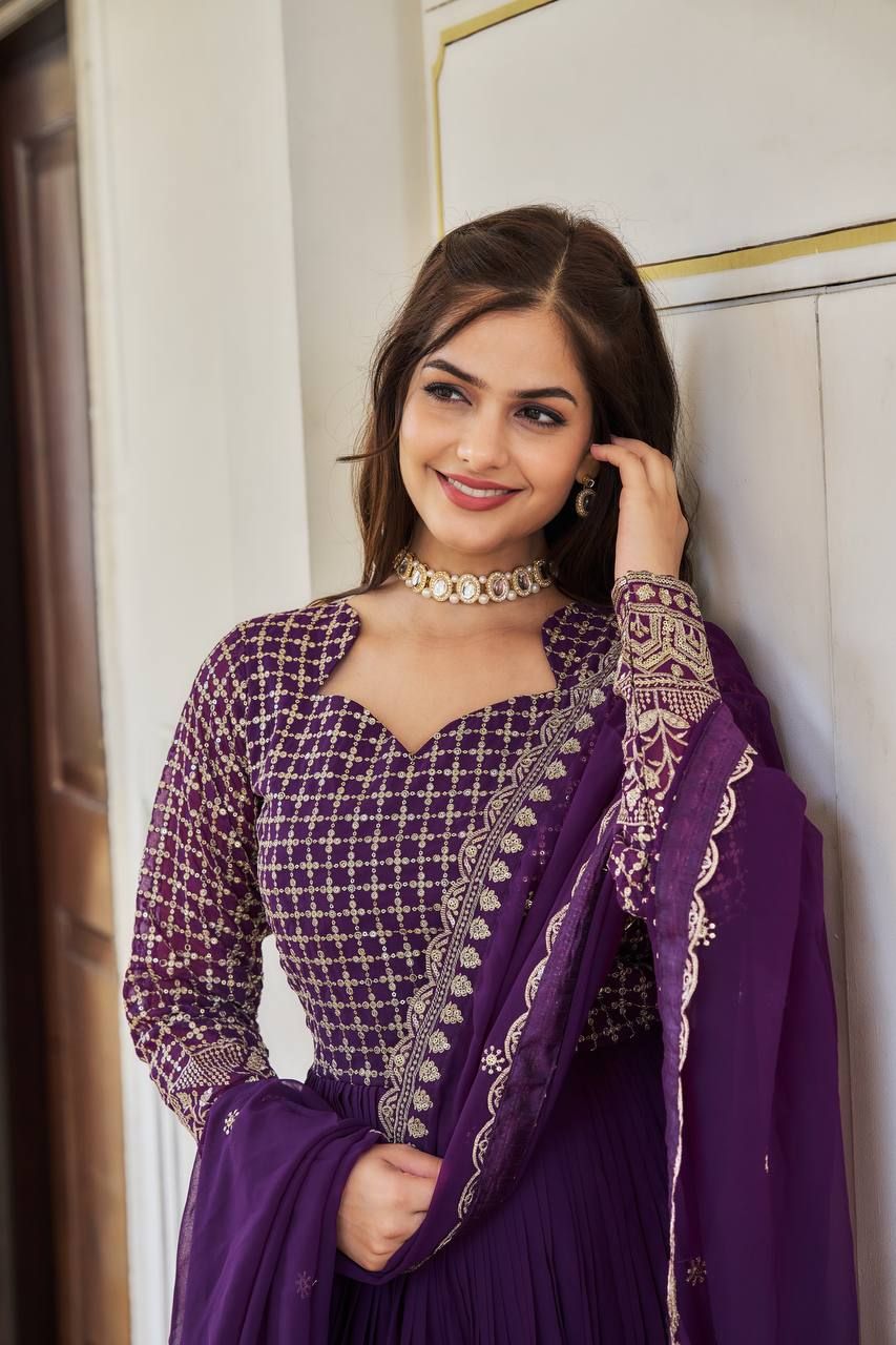 Aastha Purple Fox Georgette with Micro Cotton Heavy 3mm sequence Embroidery Work