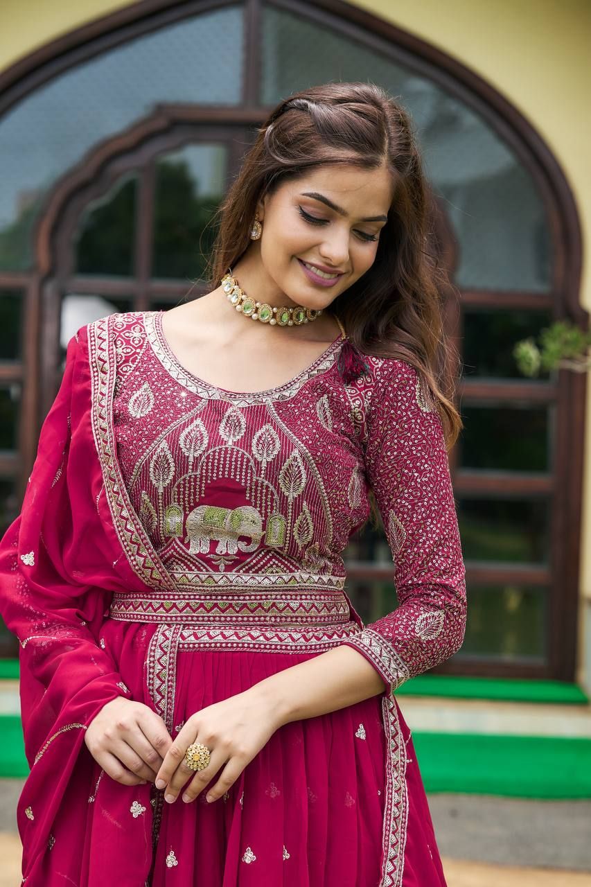 Aastha fashion Magenta Heavy Fox Georgette lehanga blouse fabric Embroidery Sequence Work with Belt