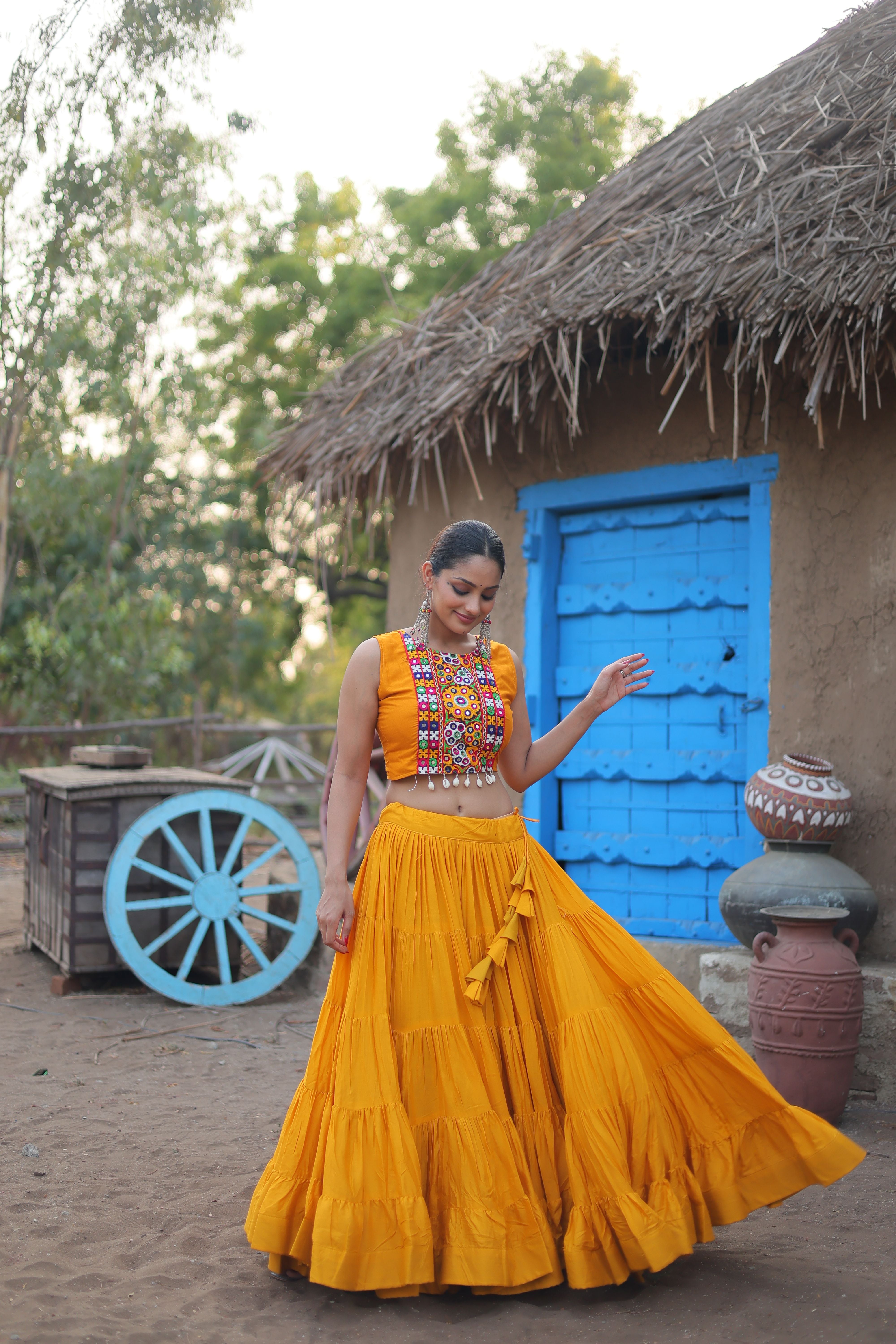 Aastha fashion off mustard Lehenga Choli with 14Kg Reyon with Standard Frill fabric blouse fabric