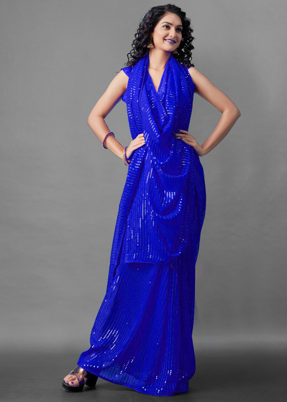 Aastha Blue Heavy Georgette Satin Banglori Sequance Embroidery Work