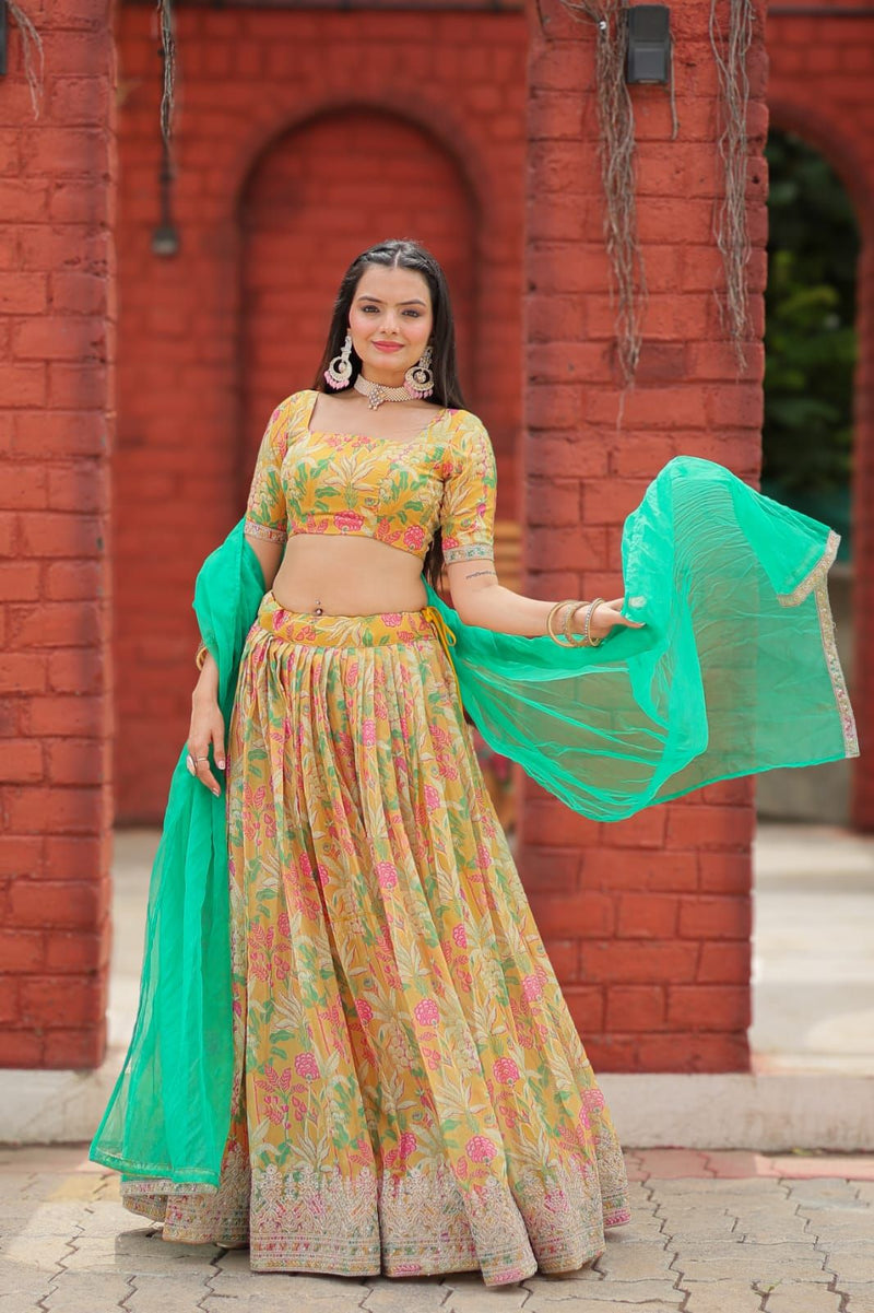 Aastha fashion multi color viscose tebbi organza lehanga blouse fabric embroidery work