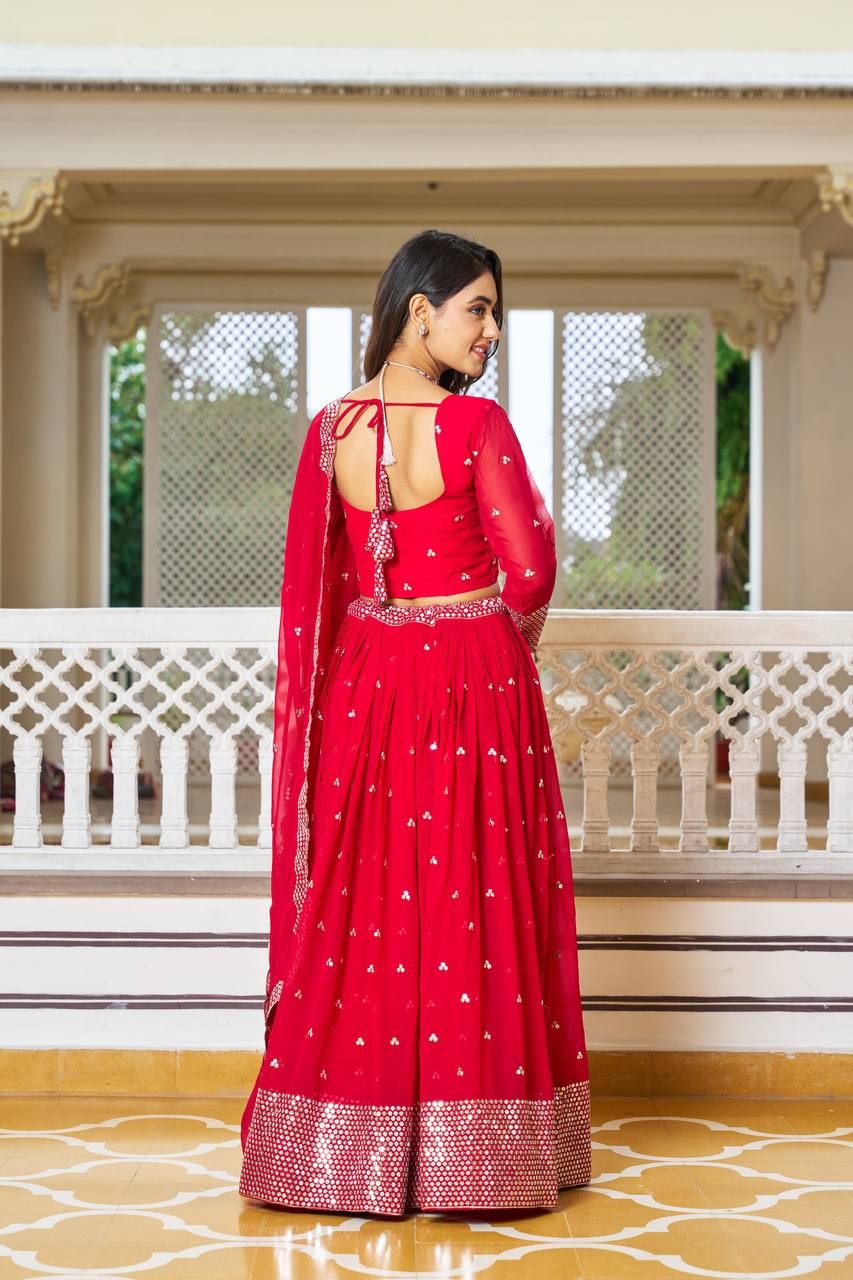 Aastha fashion Red Faux Georgette lehanga blouse fabric Glamorous Festival Lehenga Choli Lehenga Collection